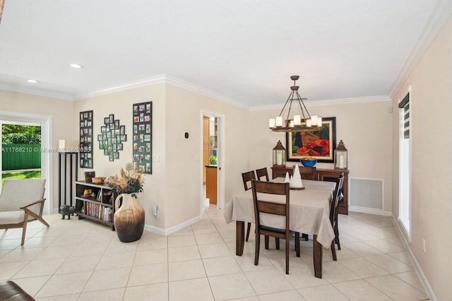 7640 SW 165th Ter, Palmetto Bay, FL 33157 - dining area featuring ornamental molding, visible vents, an inviting chandelier, and light tile patterned floors