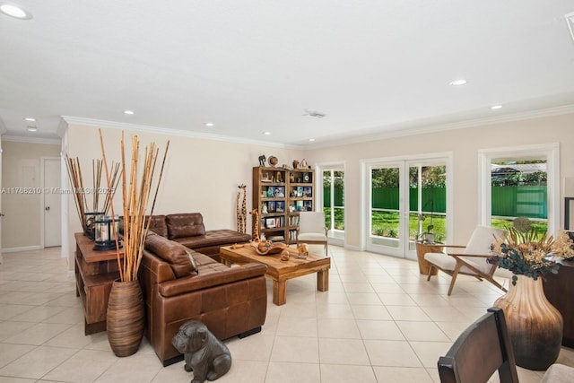 7640 SW 165th Ter, Palmetto Bay, FL 33157 - living room featuring crown molding, light tile patterned floors, and a healthy amount of sunlight