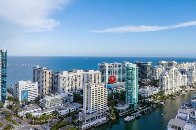 drone / aerial view featuring a view of city and a water view