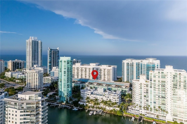 aerial view with a water view and a city view