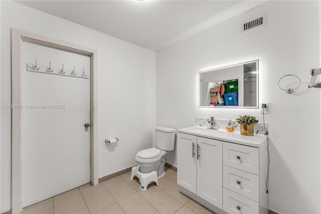 bathroom featuring tile patterned flooring, visible vents, baseboards, toilet, and vanity