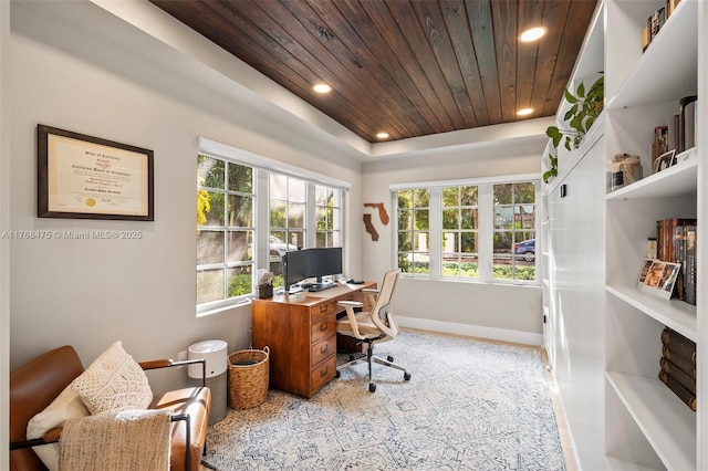 office space with wood ceiling, baseboards, and recessed lighting