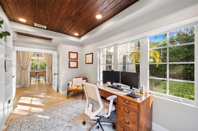 office area with recessed lighting, baseboards, wood ceiling, visible vents, and light wood-style flooring