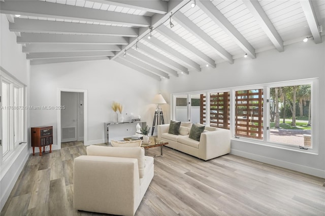 1221 NE 87th St, Miami, FL 33138 - living area featuring track lighting, visible vents, baseboards, vaulted ceiling with beams, and light wood finished floors