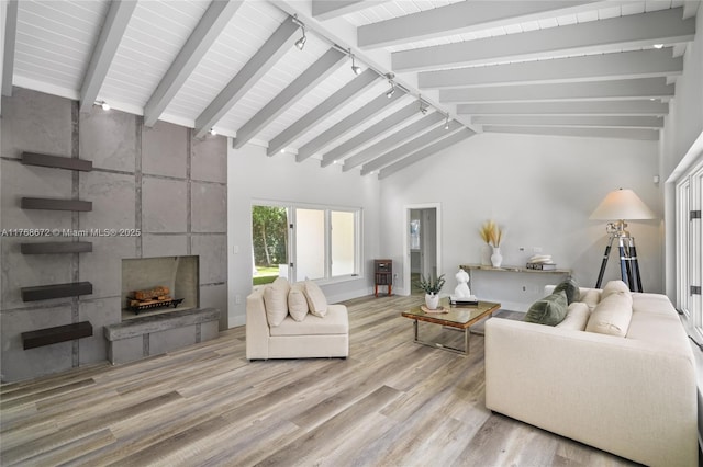 1221 NE 87th St, Miami, FL 33138 - living room featuring track lighting, a large fireplace, baseboards, wood finished floors, and beamed ceiling