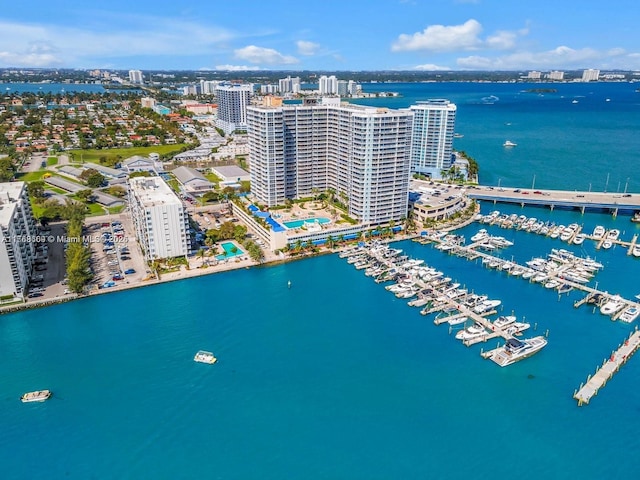drone / aerial view with a water view and a city view