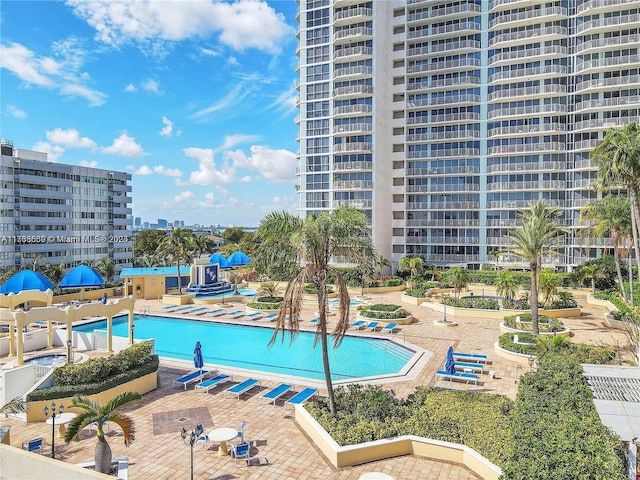 community pool with a patio