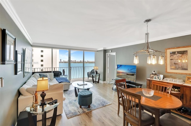 dining room featuring baseboards, floor to ceiling windows, wood finished floors, and ornamental molding