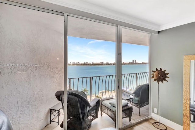 interior space with a water view