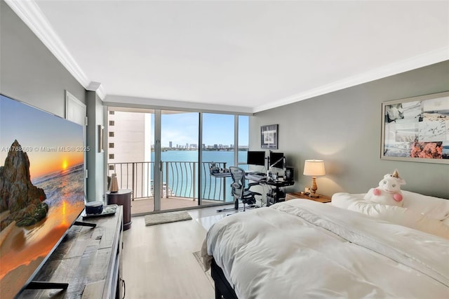 bedroom with crown molding, access to exterior, a wall of windows, and wood finished floors