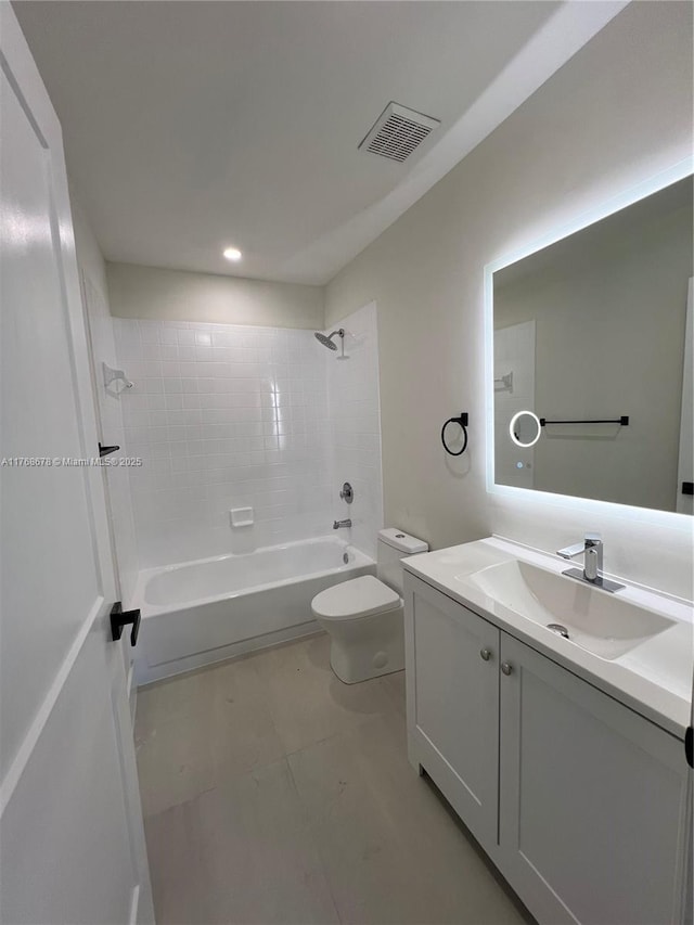 bathroom featuring vanity, recessed lighting, toilet, shower / washtub combination, and visible vents