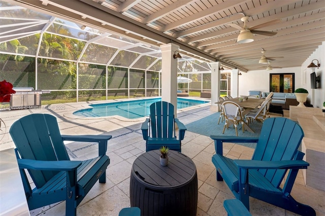 13453 SW 58th Ave, Pinecrest, FL 33156 - outdoor pool featuring a patio, an outdoor living space, ceiling fan, and a lanai