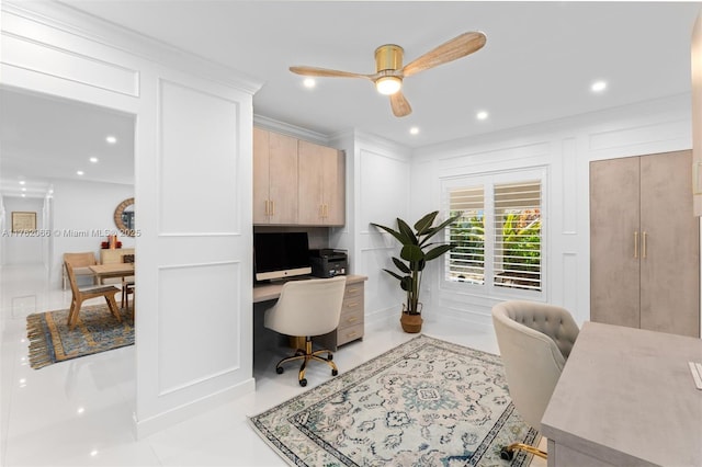 13453 SW 58th Ave, Pinecrest, FL 33156 - home office featuring ceiling fan, recessed lighting, built in desk, and ornamental molding