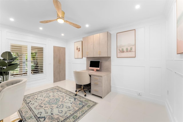 13453 SW 58th Ave, Pinecrest, FL 33156 - office featuring a decorative wall, a ceiling fan, recessed lighting, light tile patterned floors, and built in study area