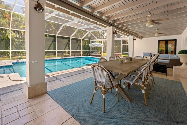 13453 SW 58th Ave, Pinecrest, FL 33156 - swimming pool with a patio, an outdoor hangout area, and a ceiling fan