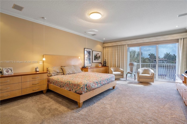 21109 NE 38th Ave Unit 74, Aventura, FL 33180 - bedroom featuring visible vents, carpet, ornamental molding, a textured ceiling, and access to outside