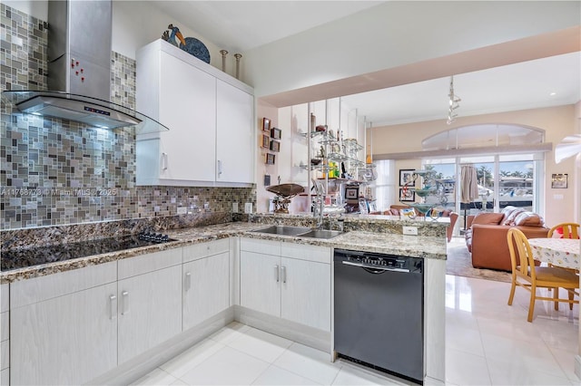 21109 NE 38th Ave Unit 74, Aventura, FL 33180 - kitchen with tasteful backsplash, open floor plan, black dishwasher, wall chimney exhaust hood, and a sink