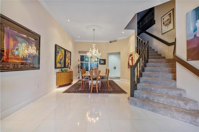 21109 NE 38th Ave Unit 74, Aventura, FL 33180 - tiled dining room featuring visible vents, crown molding, baseboards, stairway, and a notable chandelier
