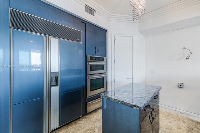 550 SE 5th Ave Unit 606S, Boca Raton, FL 33432 - kitchen with built in fridge, stone countertops, double oven, a center island, and crown molding
