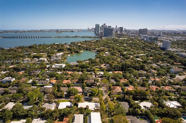 bird's eye view with a water view and a view of city