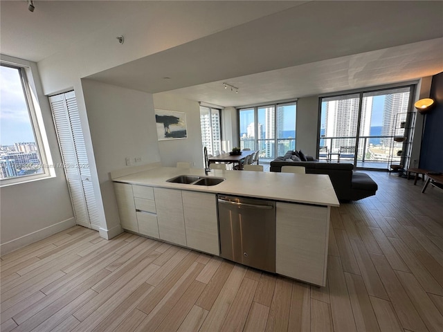 2600 E Hallandale Beach Blvd Unit T2202, Hallandale Beach, FL 33009 - kitchen with a sink, light wood-style floors, light countertops, a peninsula, and stainless steel dishwasher