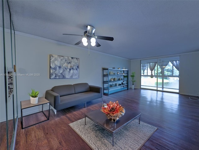 1103 NW 58th Ter Unit 224, Sunrise, FL 33313 - living room featuring wood finished floors, a ceiling fan, ornamental molding, a textured ceiling, and baseboards