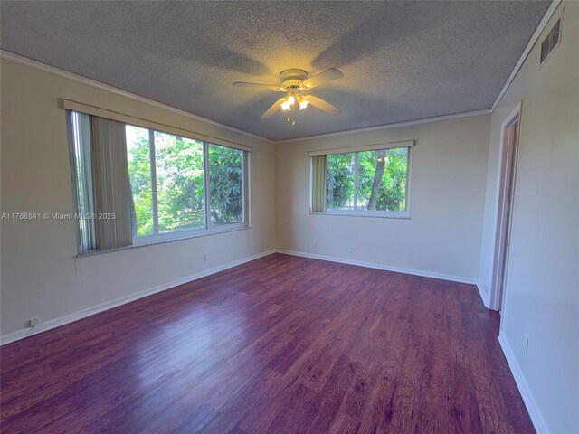 1103 NW 58th Ter Unit 224, Sunrise, FL 33313 - unfurnished room featuring a textured ceiling, dark wood-style floors, ornamental molding, a ceiling fan, and baseboards