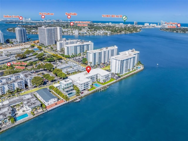 aerial view with a city view and a water view