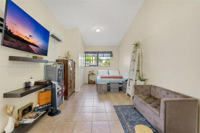 tiled living area featuring lofted ceiling and a wall mounted air conditioner