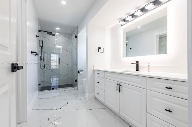 1801 Hancock Bridge Pkwy, Cape Coral, FL 33990 - full bathroom with a marble finish shower, baseboards, toilet, marble finish floor, and vanity