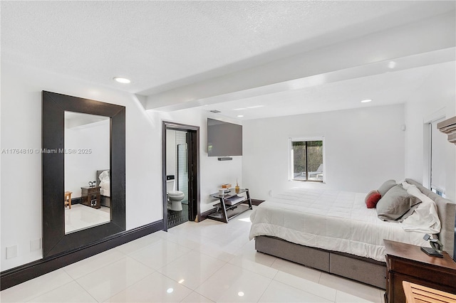 bedroom with light tile patterned floors, a textured ceiling, ensuite bath, and recessed lighting