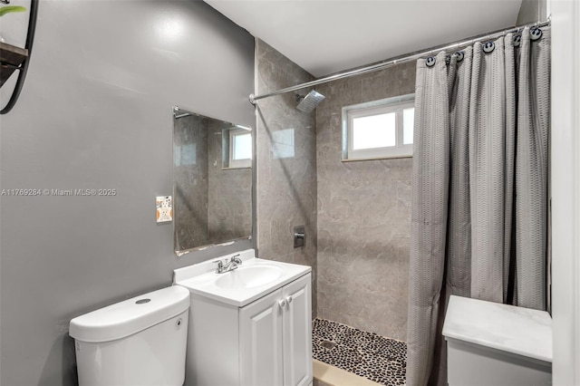 full bathroom featuring toilet, vanity, and a shower with curtain