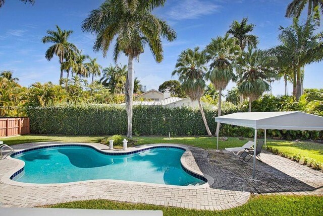 view of pool featuring a fenced backyard, a fenced in pool, a lawn, and a patio area