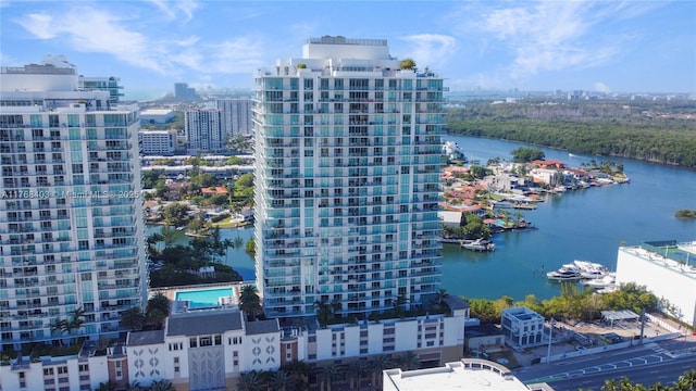 bird's eye view with a city view and a water view