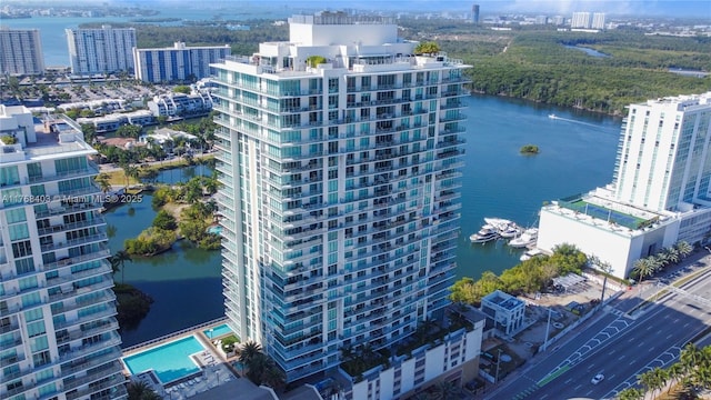 aerial view featuring a water view