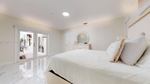 bedroom featuring visible vents, baseboards, marble finish floor, access to exterior, and french doors