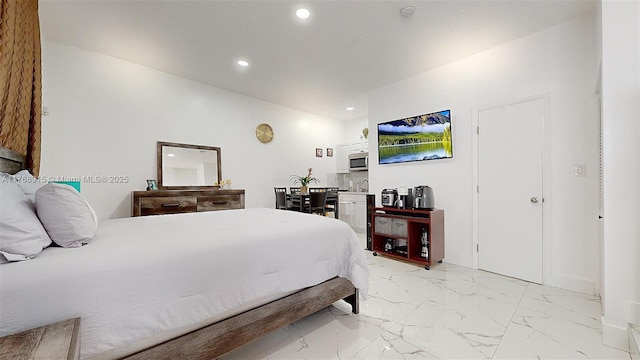 bedroom featuring marble finish floor and recessed lighting