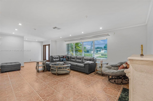 2525 SW 86th Ave, Davie, FL 33324 - living room featuring recessed lighting, ornamental molding, baseboards, and visible vents