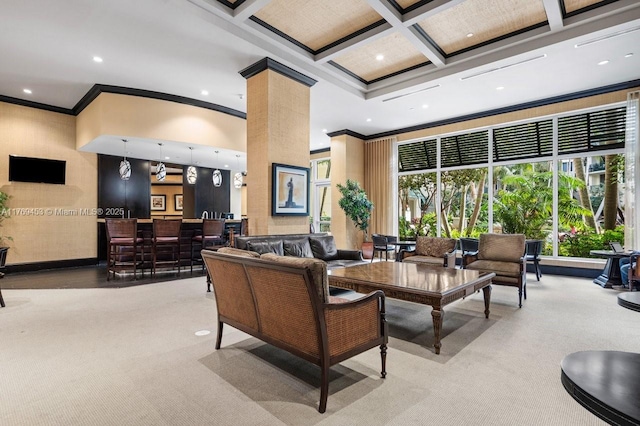 lobby with crown molding, recessed lighting, a towering ceiling, beamed ceiling, and coffered ceiling
