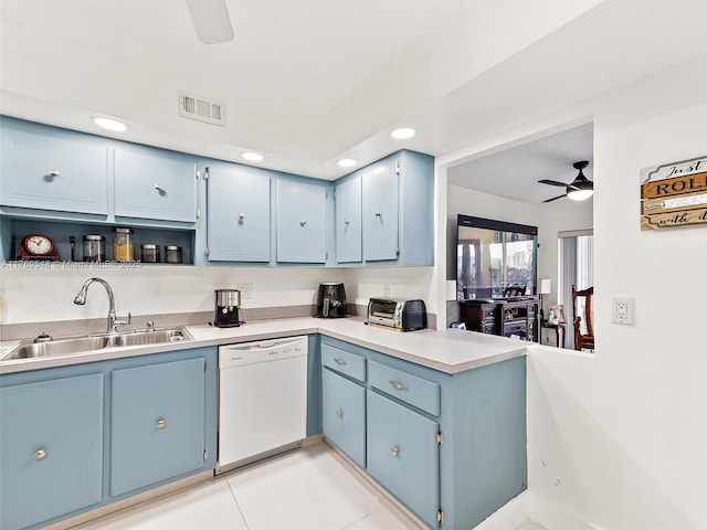200 Diplomat Pkwy Unit 424, Hallandale Beach, FL 33009 - kitchen featuring visible vents, ceiling fan, blue cabinetry, a sink, and white dishwasher