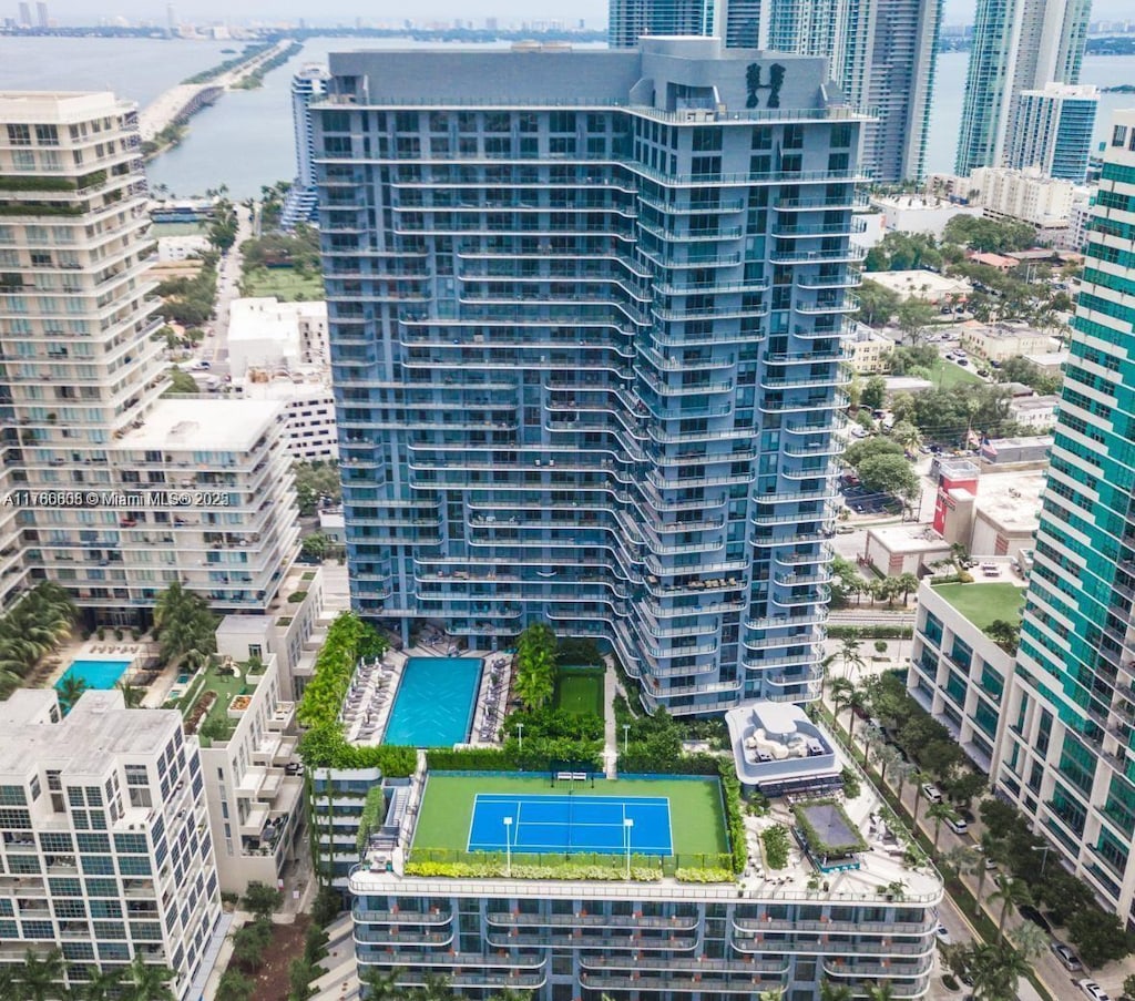 bird's eye view with a water view and a view of city