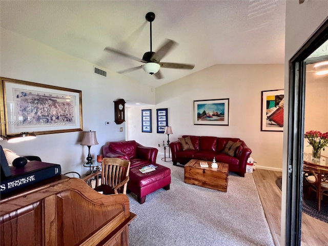1460 Jefferson Dr Unit H, Homestead, FL 33034 - living room featuring wood finished floors, visible vents, vaulted ceiling, and ceiling fan