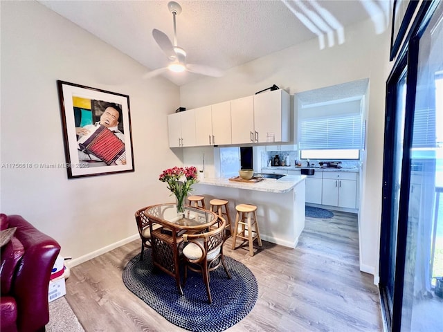 1460 Jefferson Dr Unit H, Homestead, FL 33034 - dining space featuring vaulted ceiling, a textured ceiling, baseboards, light wood-style floors, and ceiling fan