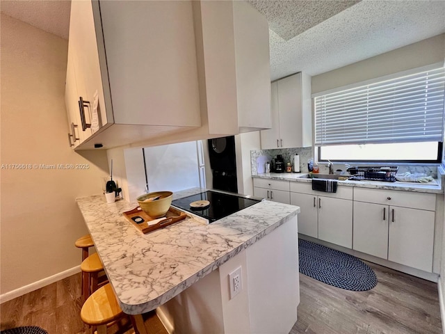 1460 Jefferson Dr Unit H, Homestead, FL 33034 - kitchen with light countertops, a sink, a breakfast bar area, wood finished floors, and black electric stovetop