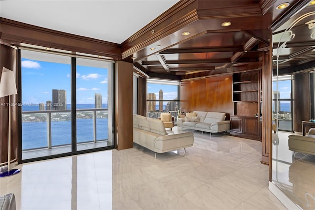 4000 Island Blvd Unit Ph6, Aventura, FL 33160 - living room with crown molding, coffered ceiling, and a city view