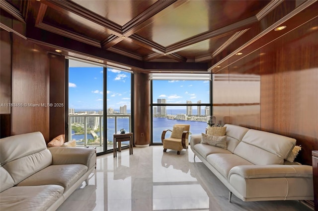 4000 Island Blvd Unit Ph6, Aventura, FL 33160 - living area featuring a city view, coffered ceiling, a wall of windows, wood walls, and ornamental molding