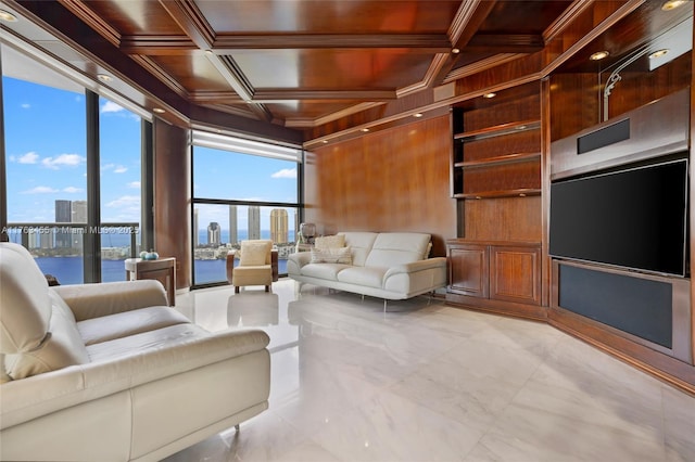 4000 Island Blvd Unit Ph6, Aventura, FL 33160 - unfurnished living room featuring ornamental molding, wooden ceiling, coffered ceiling, and a city view