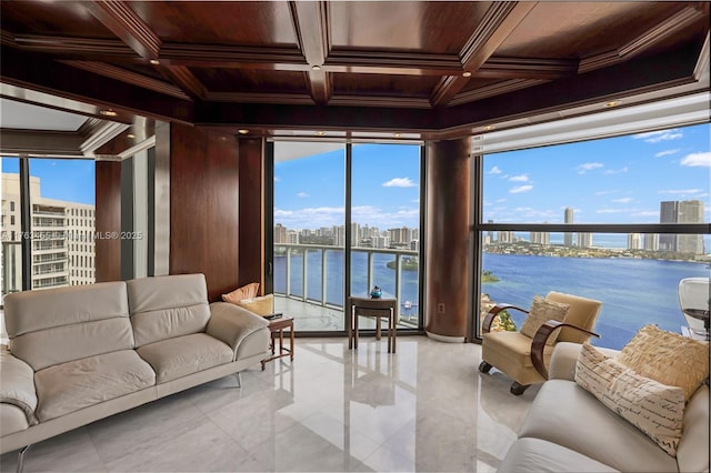 4000 Island Blvd Unit Ph6, Aventura, FL 33160 - living room with a water view, crown molding, a city view, coffered ceiling, and wooden ceiling