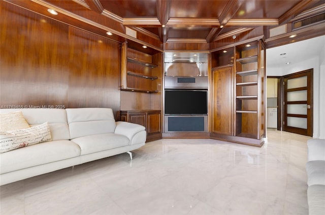 4000 Island Blvd Unit Ph6, Aventura, FL 33160 - unfurnished living room featuring coffered ceiling, crown molding, beam ceiling, wooden walls, and marble finish floor