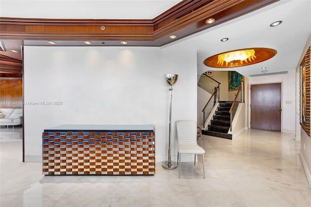 4000 Island Blvd Unit Ph6, Aventura, FL 33160 - interior space with stairs, crown molding, marble finish floor, baseboards, and recessed lighting